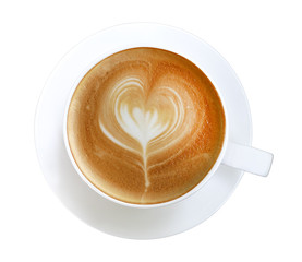 Top view of hot coffee cappuccino latte art heart shape foam isolated on white background, clipping path included