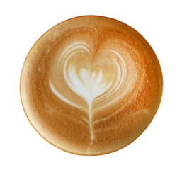 Top view of hot coffee cappuccino latte art heart shape foam isolated on white background, clipping path included