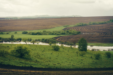 Naklejka premium Spring green fields with planted crops among the hills.