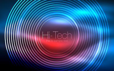 Circular glowing neon shapes, techno background. Abstract shiny transparent circles on dark technology space