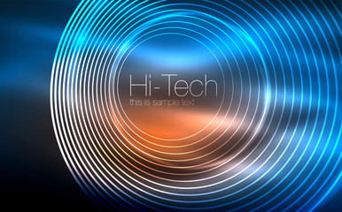 Circular glowing neon shapes, techno background. Abstract shiny transparent circles on dark technology space