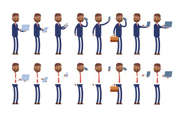 holds a laptop, tablet, phone. does selfie, shows