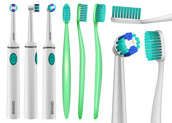 Toothbrush dental mockup set. Realistic illustration of 9 toothbrush dental mockups for web