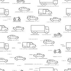 Tapeten Autos Nahtloses Muster von Autos und Fahrrädern grau auf weißem Hintergrund
