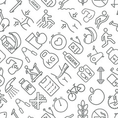 Seamless fitness and healthy lifestyle pattern grey on white bac