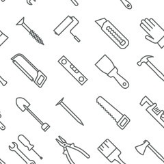 Seamless construction tools pattern grey on white background