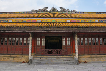 Fototapeta premium The Thai Hoa Palace and the courtyard in front of it facing towards Thai Dich Lake in the Imperial City, Hue, Vietnam