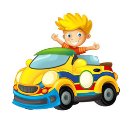Fototapeta premium cartoon scene with child in toy sports car on white background - illustration for children