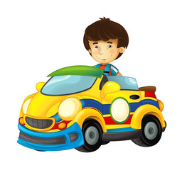 cartoon scene with child in toy sports car on white background - illustration for children