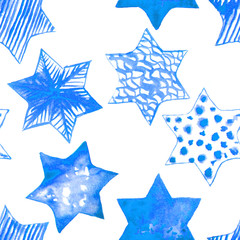 Seamless Watercolor Stars Pattern. Magic Festive Background. Hand Drawn Doodle Stars. Baby Design. Abstract Rapport for Wallpaper, Textile, Linen, Wrapping, Posters, Cards, Banner. New Year, Birthday 
