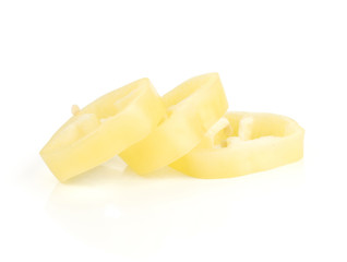 Three white paprika slices (Hungarian sweet pepper) isolated on white background cut pieces.