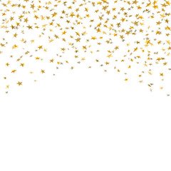Gold stars falling confetti isolated on white background. Golden design festive party, birthday celebration, carnival, anniversary. Stars confetti decoration explosion. Vector illusttration