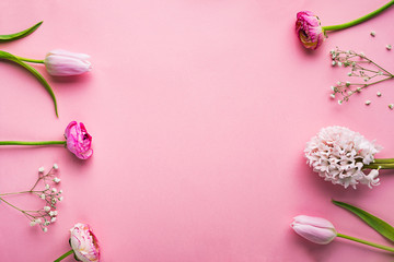 Fowers on a pink background. Flat Lay. Copy space.