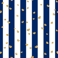 Gold heart seamless pattern. Blue-white geometric stripes, golden confetti-hearts. Symbol of love, Valentine day holiday. Design wallpaper, background, fabric texture. Vector illustration