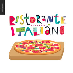 Italian restaurant set - pizza and lettering Italian Restaurant in Italian