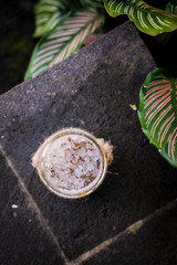 Lavender sea salt jar from above. Woman's spa natural beauty product, relaxing aroma massage treatment. 