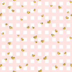 Gold heart seamless pattern. Pink-white geometric square, golden confetti-hearts. Symbol of love, Valentine day holiday. Design wallpaper, background, fabric texture. Vector illustration