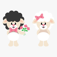 cartoon cute sheep girl with bow and sheep black boy with flowers