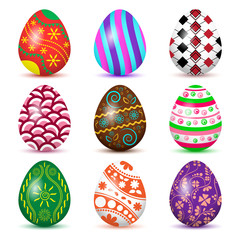 Colorful collection of Easter eggs with colored shadow, isolated on white background. Vector illustration