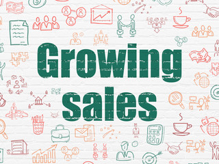 Finance concept: Painted green text Growing Sales on White Brick wall background with  Hand Drawn Business Icons