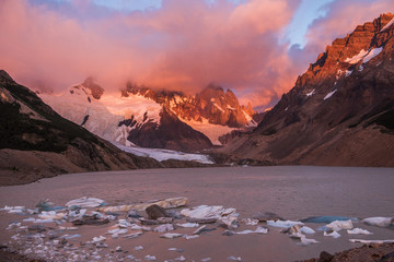 Cerro Torre coming out from the clouds at Laguna Torre