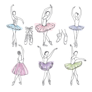 Artistic hand drawn pictures set of theatre theme. Ballerinas dancing