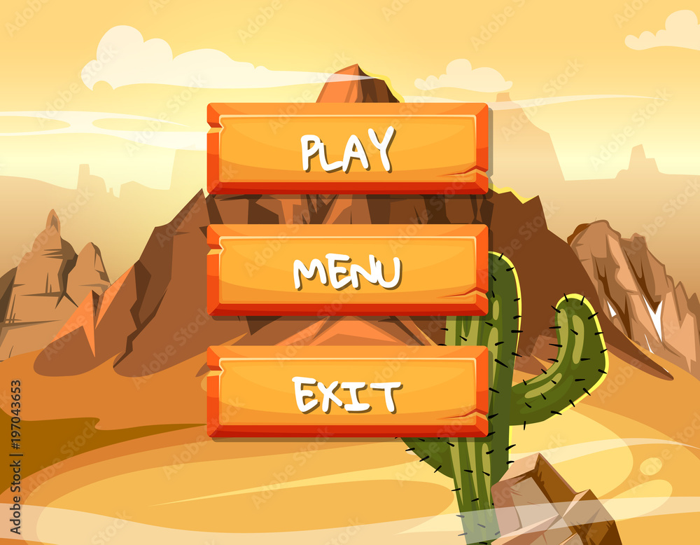 Poster vector cartoon style rock buttons with text for game design on mountain background