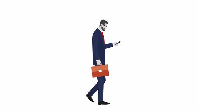 a man walking in a business suit pulls out the phone and talks. animation on white background