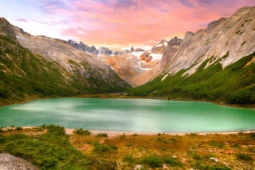  Sunset over Laguna Esmeralda lake in Tierra del Fuego - obrazy, fototapety, plakaty