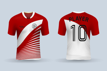 3D realistic mock up of front and back of soccer jersey shirt. Concept for soccer team uniform or football apparel mockup. Red soccer kit t-shirt template design in vector illustration.
