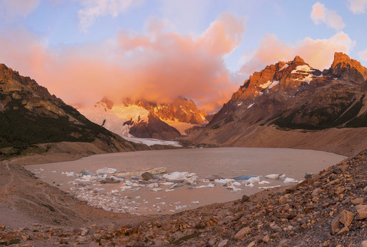 Cerro Torre coming out from the clouds at Laguna Torre