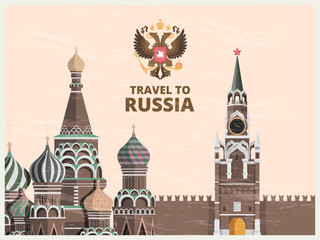 Vintage poster or travel card with illustrations of kremlin russian cultural landmarks - obrazy, fototapety, plakaty