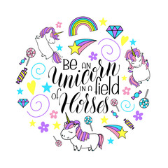 Unicorn cute vector illustration set. Hand Drawn Lettering. Card and shirt design.
