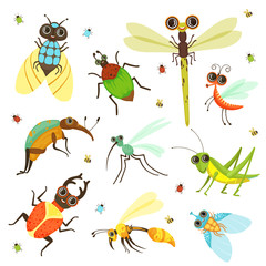 Bugs, butterfly and other insects in cartoon style