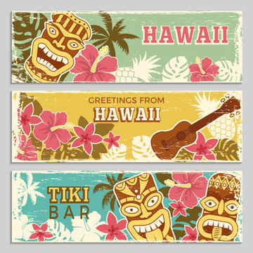 Fototapeta Poziome bannery zestaw ilustracji hawajskich bogów plemiennych i innych różnych symboli