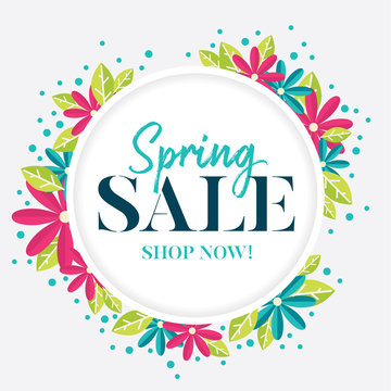 Spring sale graphic with pink and blue flowers and stylish grey background