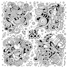 Vector doodles cartoon set of Diet food combinations of objects and elements