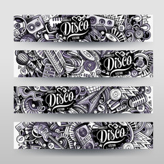 Cartoon graphics vector hand drawn doodles Disco Music horizontal banners