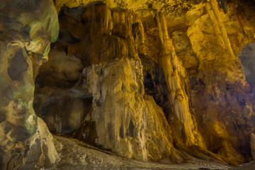 Beautiful indoor view of ancient cave Khao khanabnam in Krabi province, Thailand