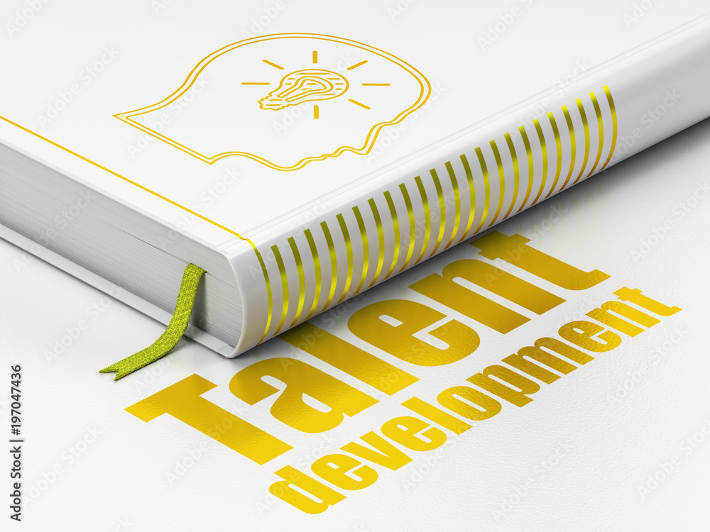 Poster learning concept: closed book with gold head with lightbulb icon and text talent development on floo