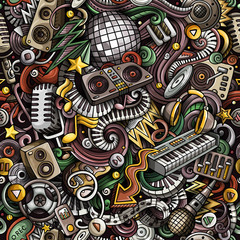Cartoon cute doodles Disco music seamless pattern. Colorful deta