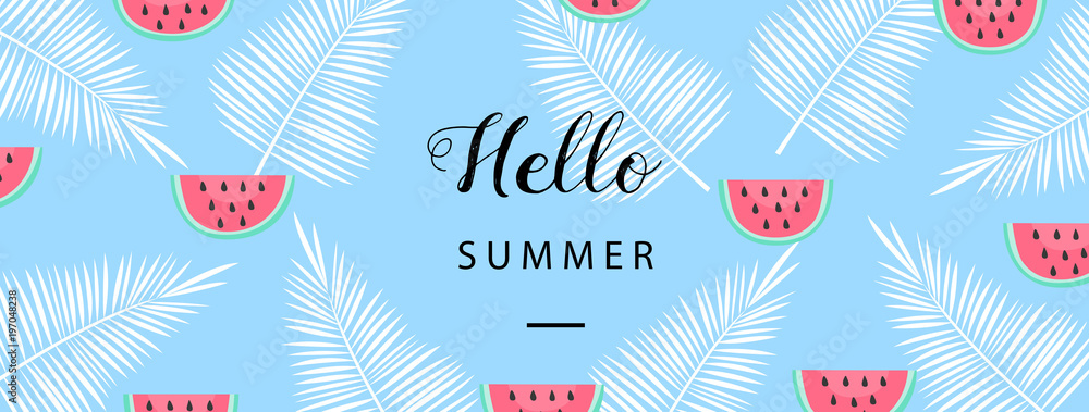 Wall mural hello summer banner. flat style summer background. trendy summer wallpaper with fruit. vector