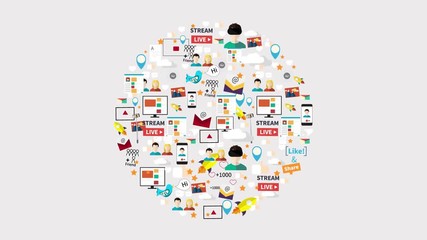 Digital marketing icons animation. Social media icons, rocket ship, bird, mail, smart phone, vr. Vector illustration. -stock footage  - Powered by Adobe