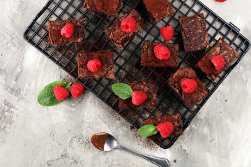 homemade chocolate brownies on rustic table. brownie bakery.