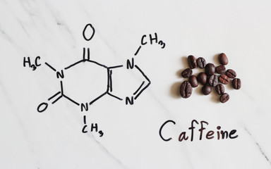 Chemical formula of Caffeine with roasted coffee spill out of cup on white background.