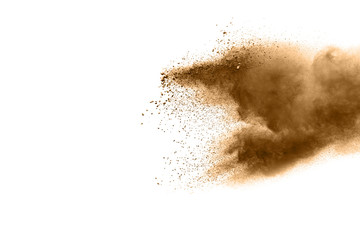 Fototapeta na wymiar Freeze motion of brown dust explosion. Stopping the movement of brown powder. Explosive brown powder on white background. Dry soil splater on white background.
