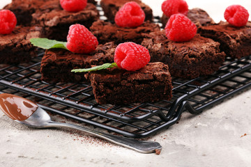 homemade chocolate brownies on rustic table. brownie bakery.