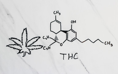 A beautiful sheet of cannabis marijuana in the defocus with image of the formula THC
