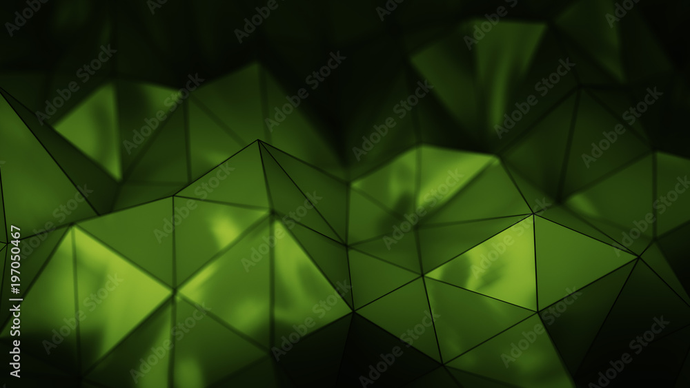 Poster polygonal green plastic shape 3d rendering with dof