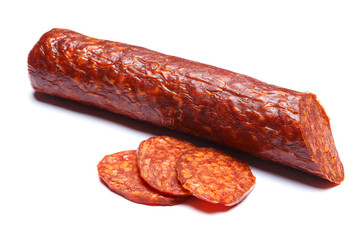 Spanish chorizo sausage on white background